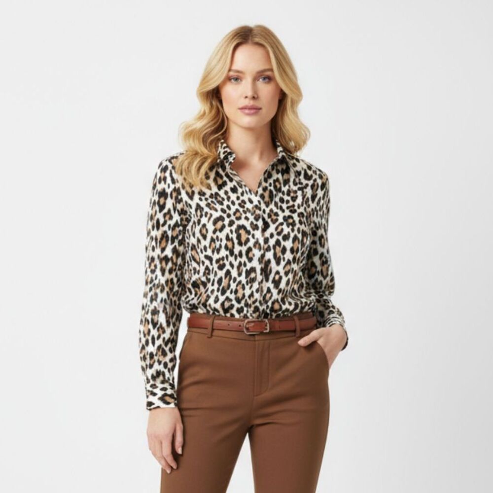 Chico’s Leopard Animal Print Cotton Button Down Long Sleeve Blouse Top 1 M